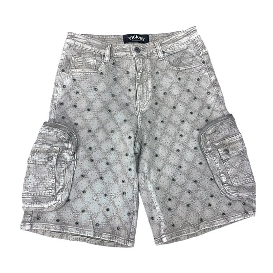 Vicious Shorts - Crystal Long Fit Cargo Denim Shorts - Pure White - VC950